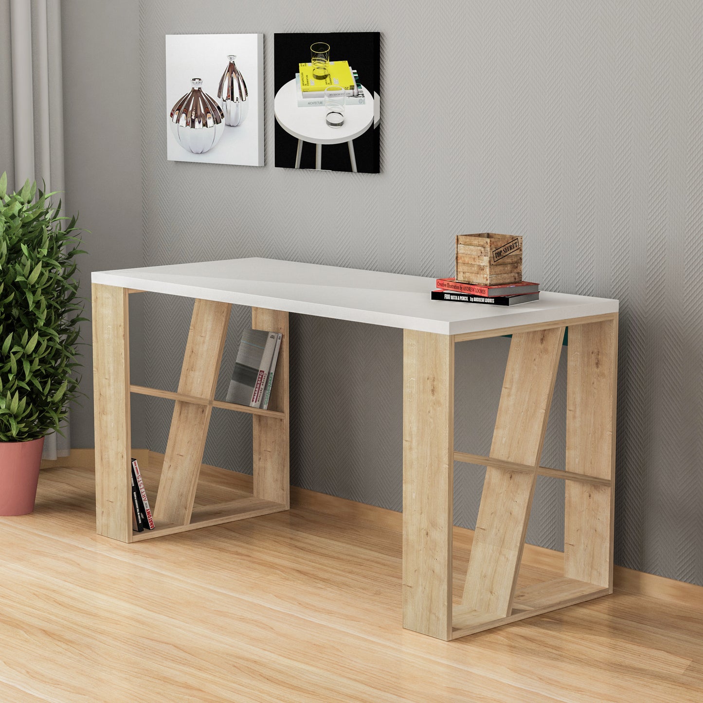 Mourah Honey Working Table With Storage - 2 Years Warranty