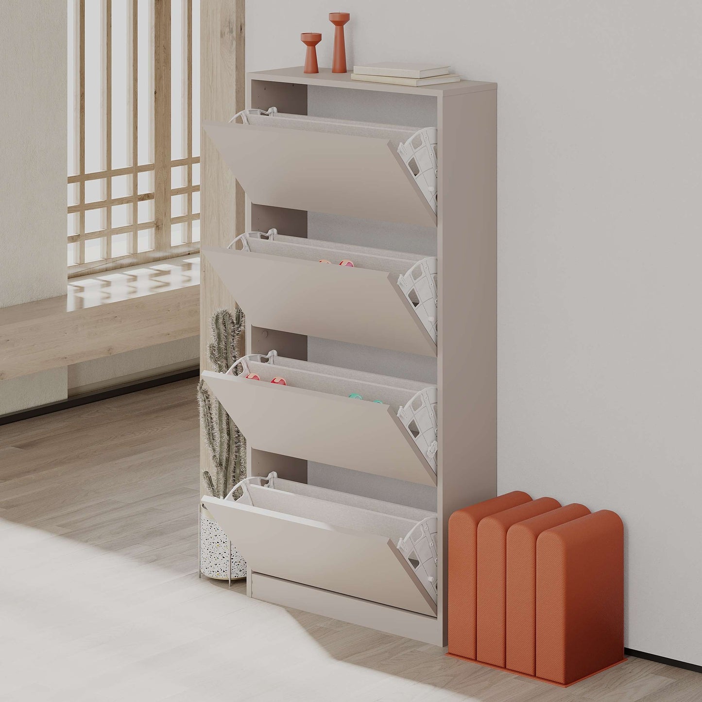 Mourah Shoe Cabinet 4 Section - 16 Pairs - Light Mocha - 2 Years Warranty