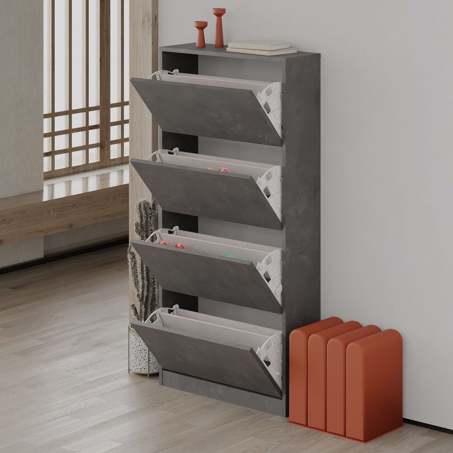 Mourah Shoe Cabinet 4 Section - 16 Pairs - Retro Grey - 2 Years Warranty